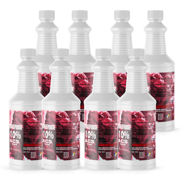 Eight Alliance Chemical 1-Quart HDPE bottles of Hydrogen Peroxide 10% ACS Grade with white screw caps and product label.