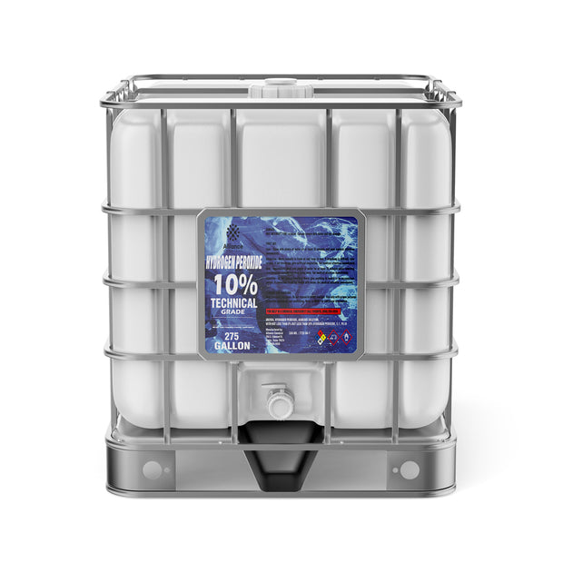 Alliance Chemical 275-gallon tote of Hydrogen Peroxide 10% Technical Grade with a metal cage and a spigot.