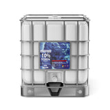 One 330-gallon plastic tote of Alliance Chemical Hydrogen Peroxide 10% Technical Grade with a steel cage and spigot.