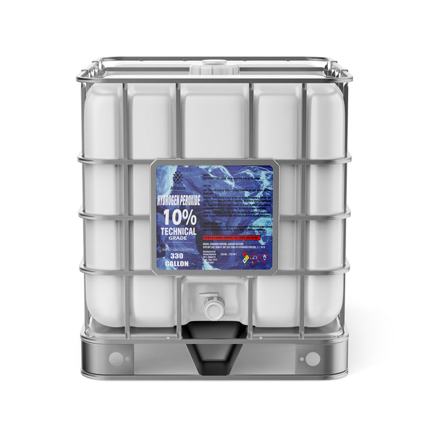 One 330-gallon plastic tote of Alliance Chemical Hydrogen Peroxide 10% Technical Grade with a steel cage and spigot.