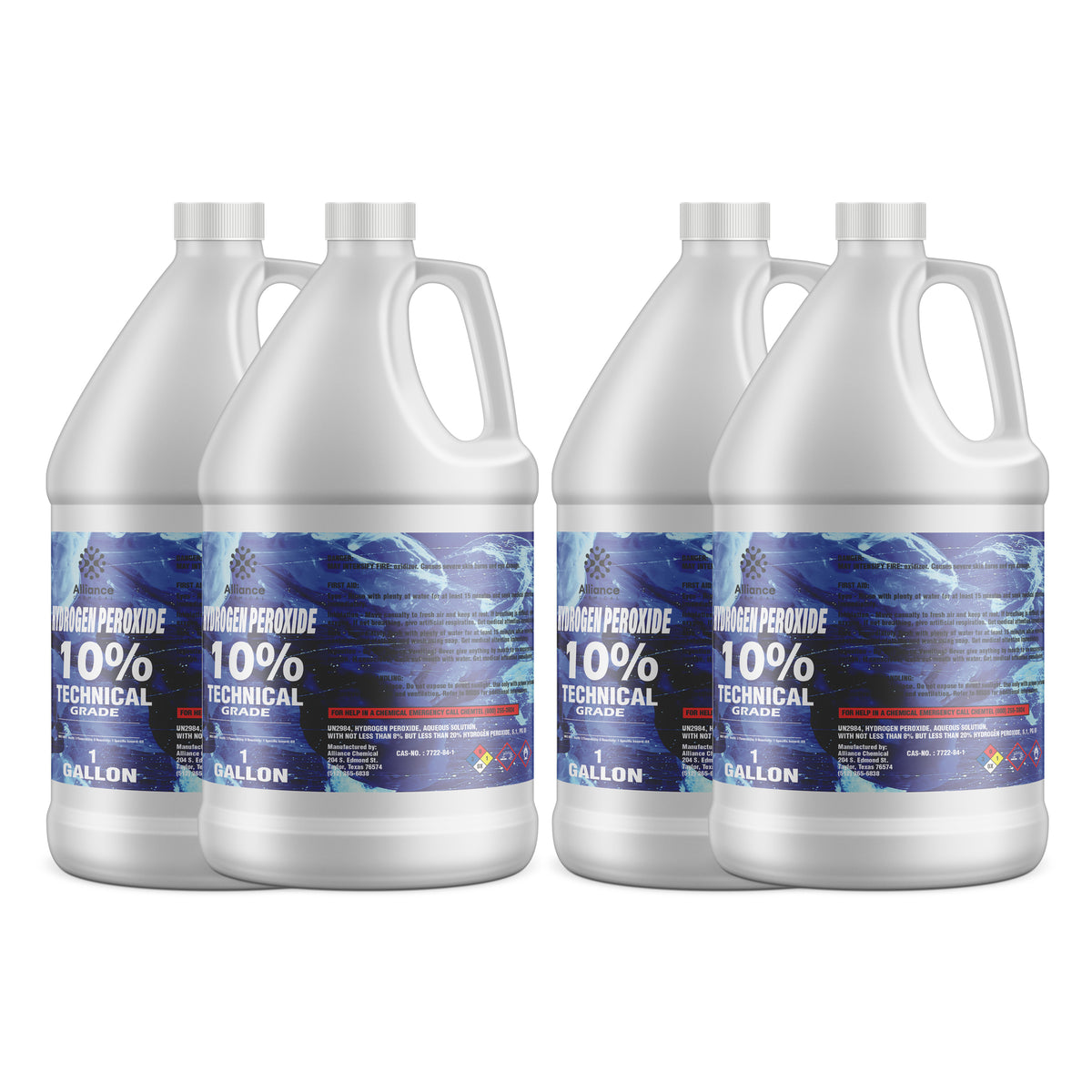 Four 1-gallon HDPE jugs of Alliance Chemical Hydrogen Peroxide 10% Technical Grade with white screw caps and labels