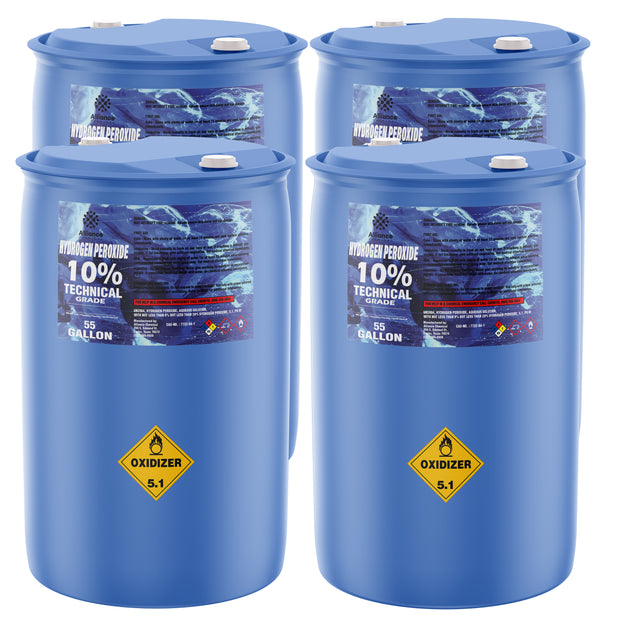 55-gallon HDPE drums of 10% technical-grade hydrogen peroxide, with Oxidizer 5.1 hazard diamonds and Alliance Chemical
