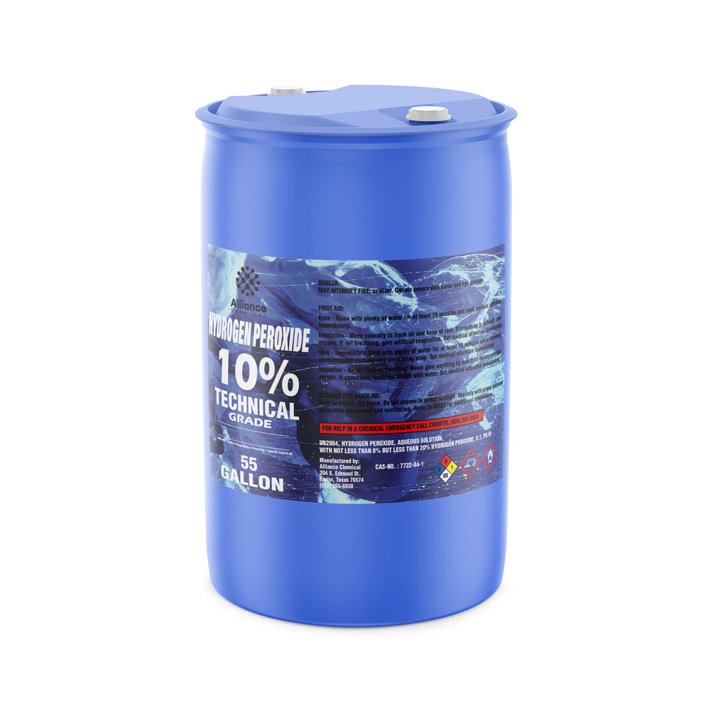 Alliance Chemical 55-gallon HDPE drum of Hydrogen Peroxide 10% Technical Grade with blue lid and safety label.