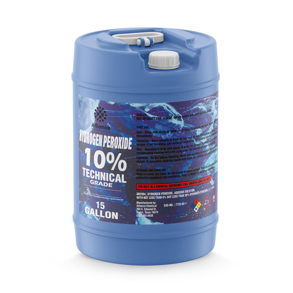 One 15-gallon HDPE pail of Alliance Chemical Hydrogen Peroxide 10% Technical Grade with a white screw cap and handle.