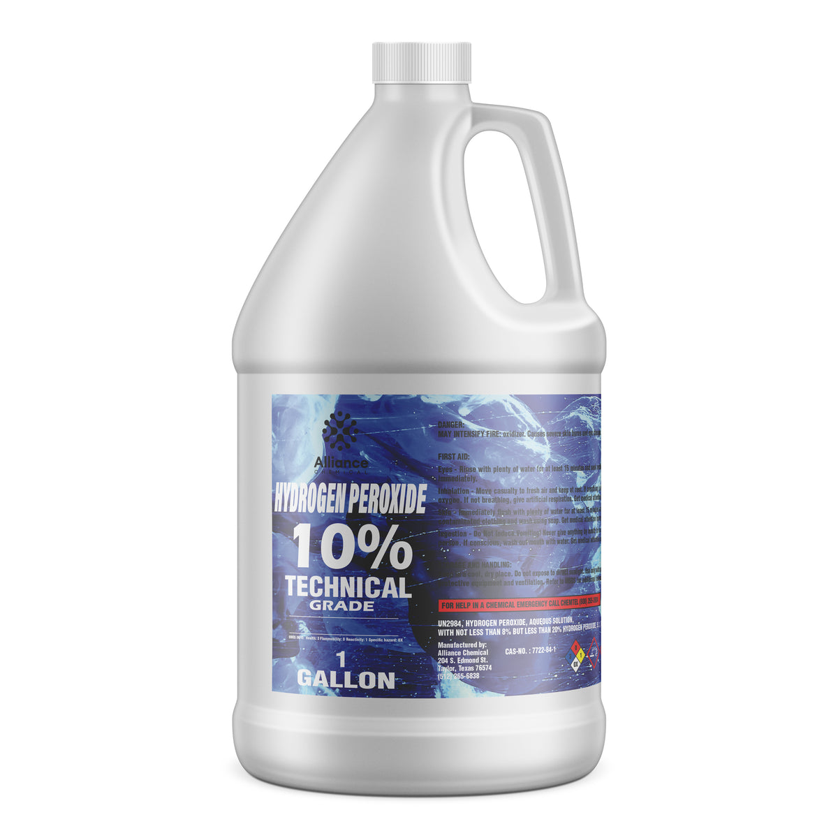 Alliance Chemical One-gallon HDPE jug of Alliance 10% Technical Grade Hydrogen Peroxide with blue hazard label and chemical