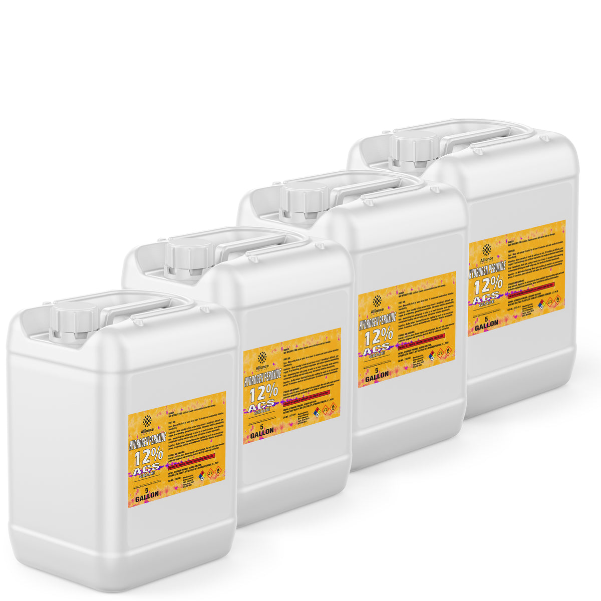 Four 5-gallon HDPE jugs of Alliance Chemical Hydrogen Peroxide 12% ACS Grade with labels and integrated handles.
