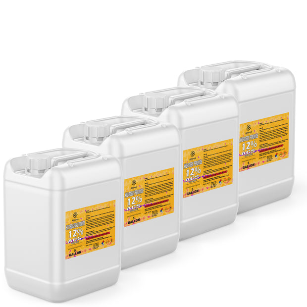 Four 5-gallon HDPE jugs of Alliance Chemical Hydrogen Peroxide 12% ACS Grade with labels and integrated handles.