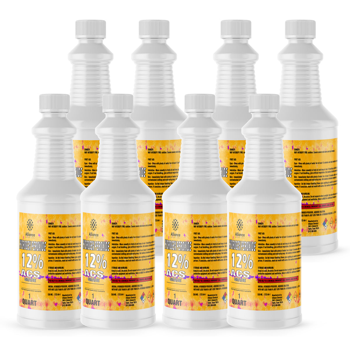 Seven 1-quart plastic bottles of Alliance Chemical Hydrogen Peroxide 12% ACS Grade with white caps and product labels