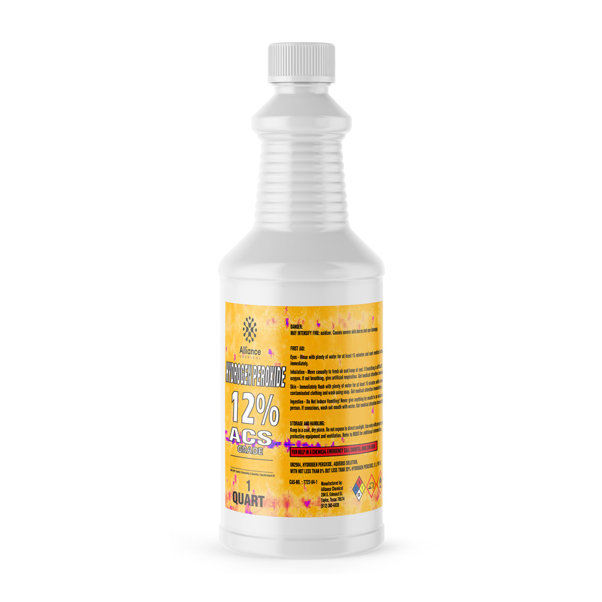 Hydrogen Peroxide 12% ACS Grade in a 1-quart bottle — industrial chemical bleaching and organic synthesis