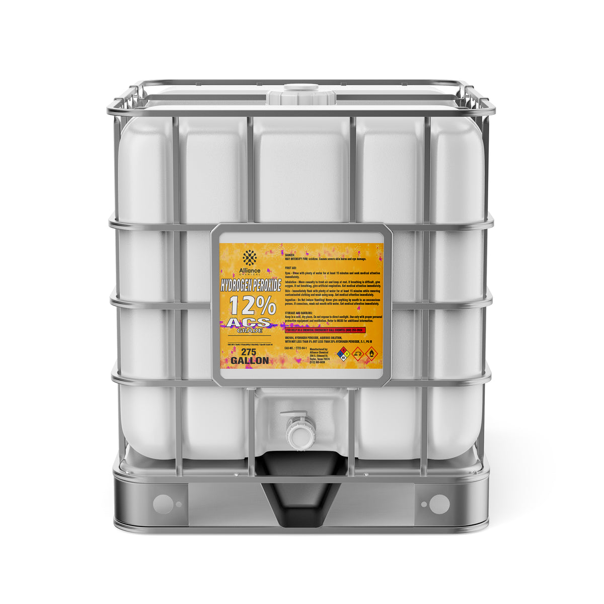 Alliance Chemical 275-gallon tote of Hydrogen Peroxide 12% ACS Grade with a steel cage and a white plastic spigot.