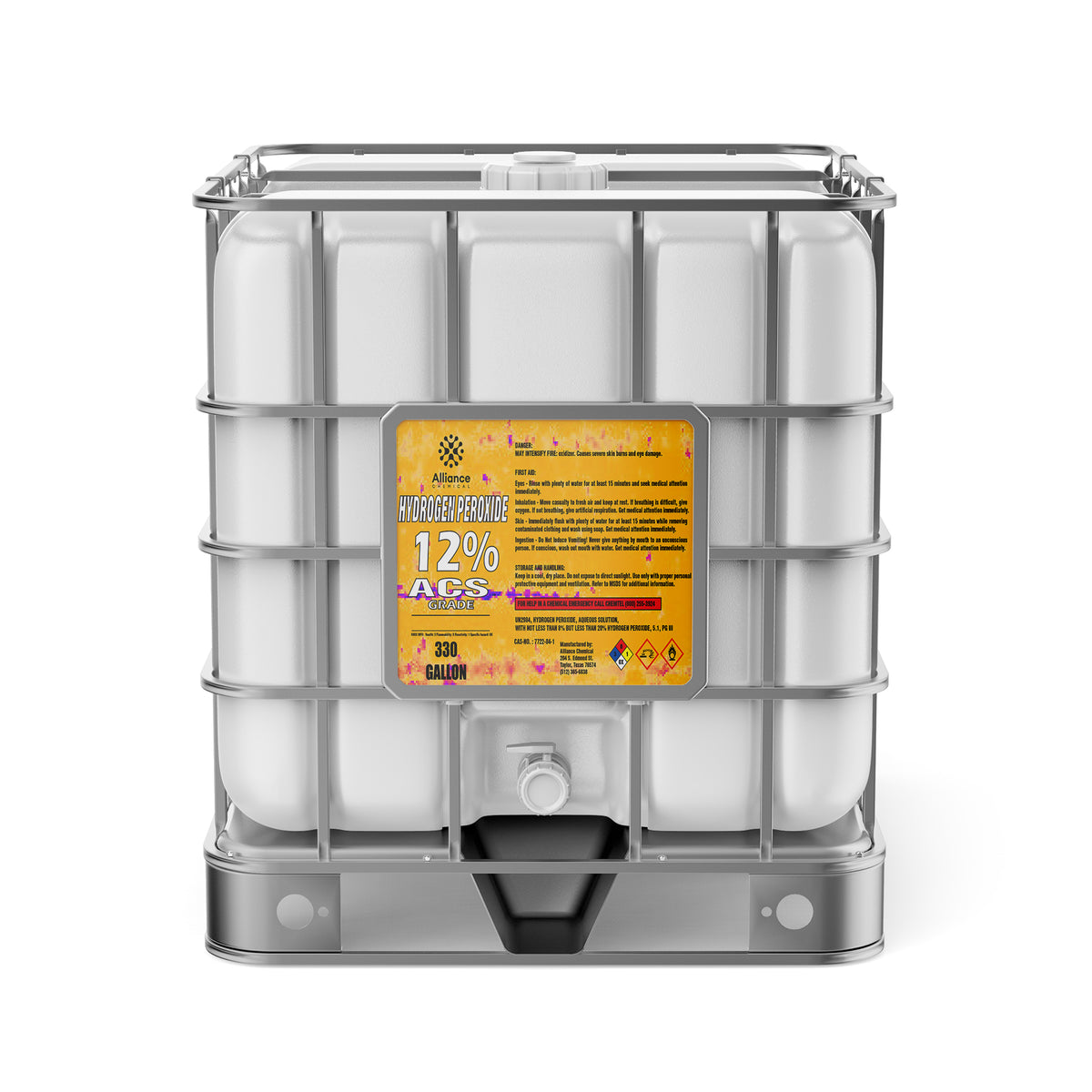 Alliance Chemical 330-gallon tote of Hydrogen Peroxide 12% ACS Grade with a steel cage and a white cap.