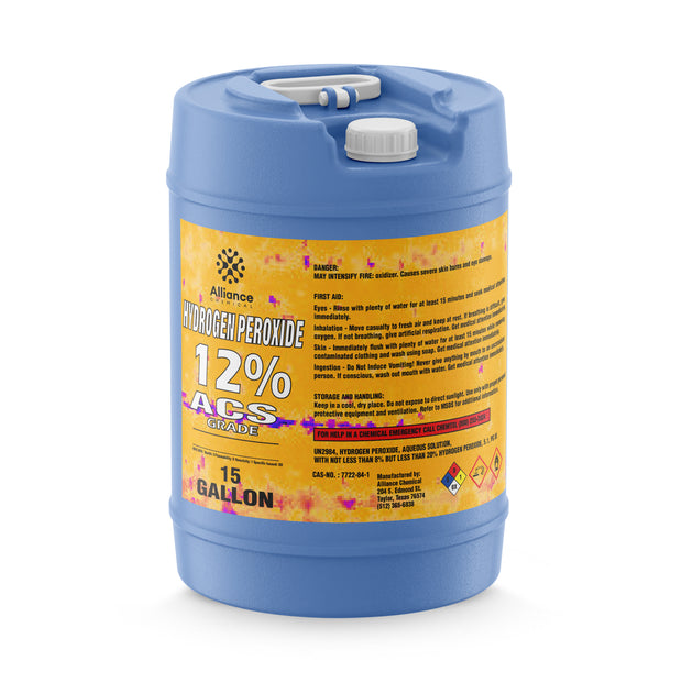 15-gallon blue HDPE jug of Alliance Chemical Hydrogen Peroxide 12% ACS Grade with a white screw cap and handle.