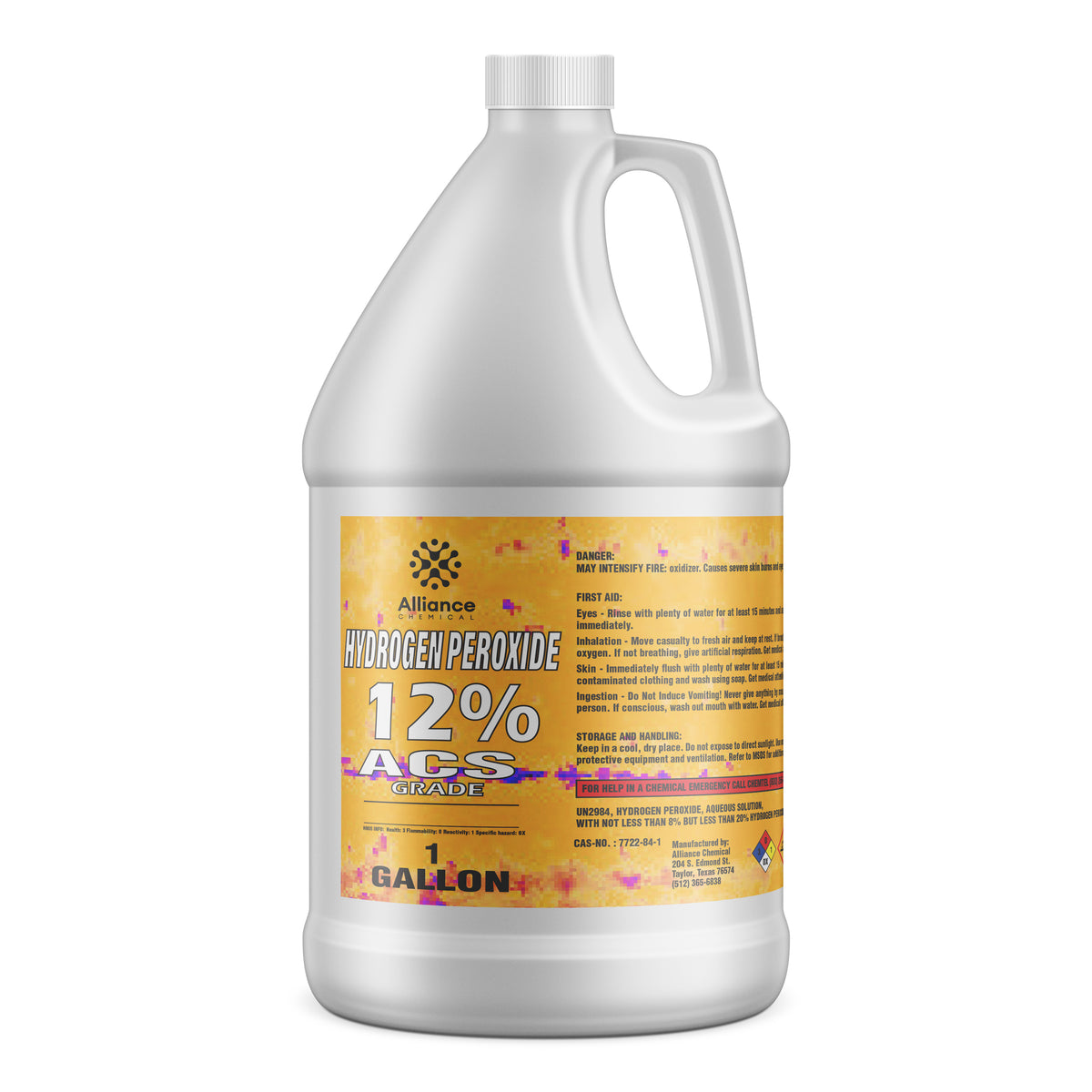 One-gallon HDPE jug of Alliance Chemical 12% ACS-grade hydrogen peroxide with yellow safety label, hazard warnings