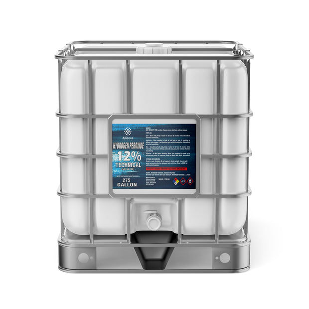 Alliance Chemical 275-gallon plastic tote of Hydrogen Peroxide 12% Technical Grade with a steel cage and label.