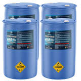 55-gallon blue drums of 12% Technical Grade Hydrogen Peroxide with Oxidizer 5.1 hazard diamond, white, and Alliance Chemical