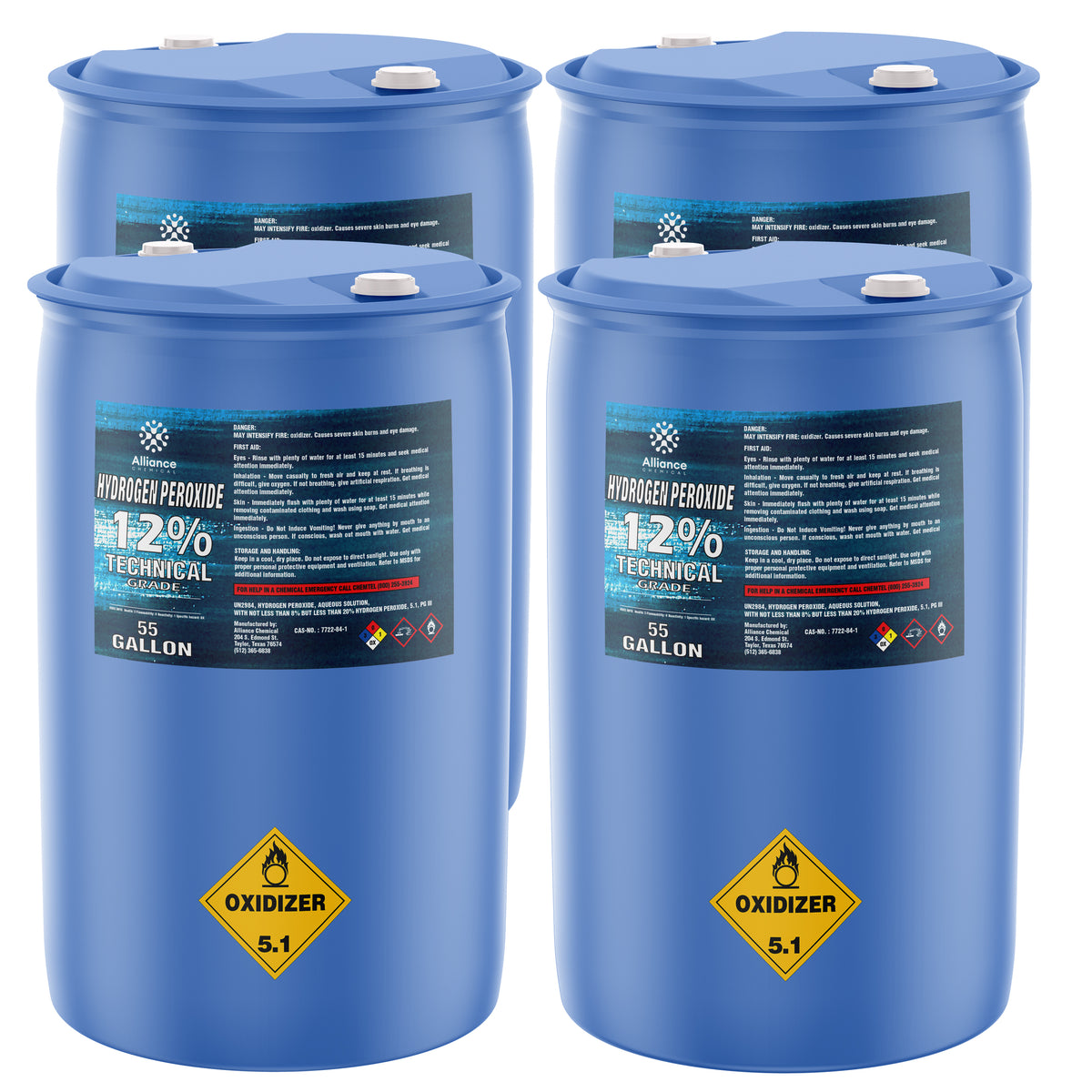 55-gallon HDPE drums of 12% Technical Grade Hydrogen Peroxide with Oxidizer 5.1 hazard diamond, white caps, Alliance