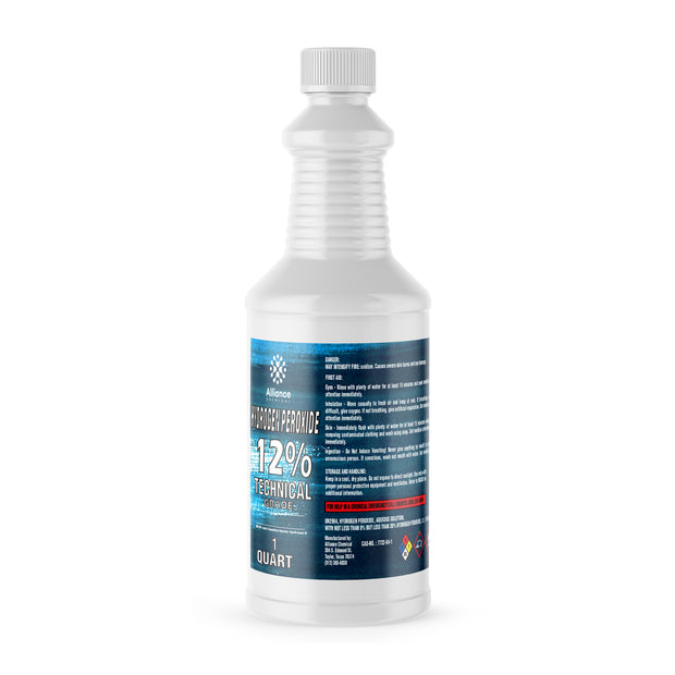 Alliance Chemical 1-quart plastic bottle of Hydrogen Peroxide 12% Technical Grade with a white cap and product label.