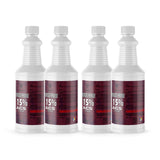 Four 1-quart Alliance Chemical Hydrogen Peroxide 15% ACS Grade HDPE jugs with white screw caps and product labels.