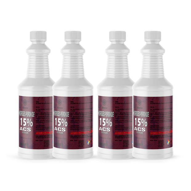 Four 1-quart Alliance Chemical Hydrogen Peroxide 15% ACS Grade HDPE jugs with white screw caps and product labels.