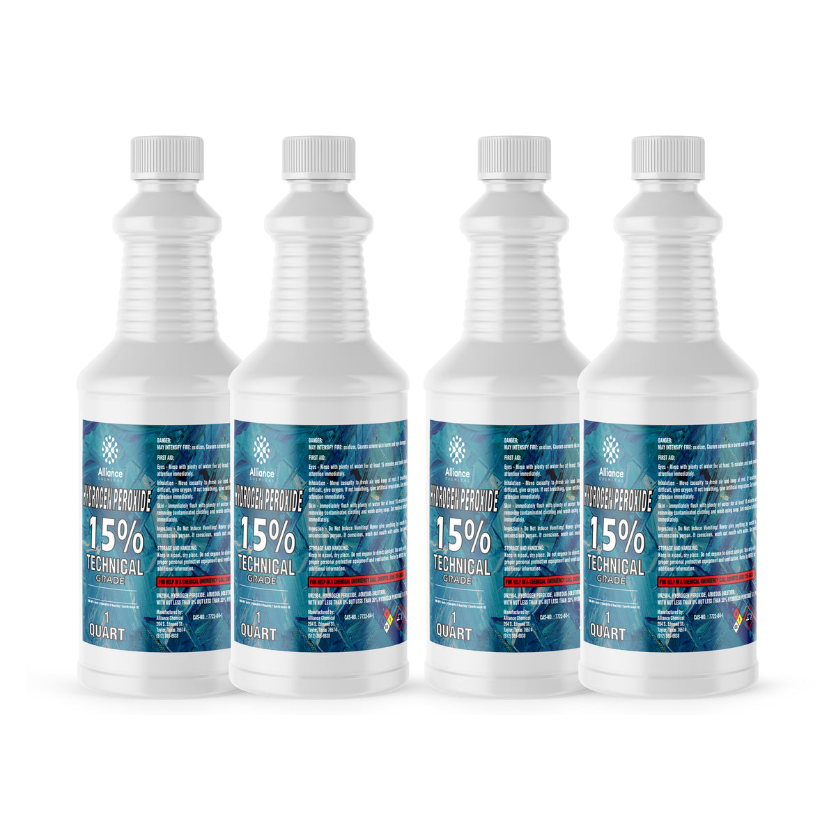 Four 1-quart HDPE bottles of Alliance Chemical Hydrogen Peroxide 15% Technical Grade with white caps and product labels.