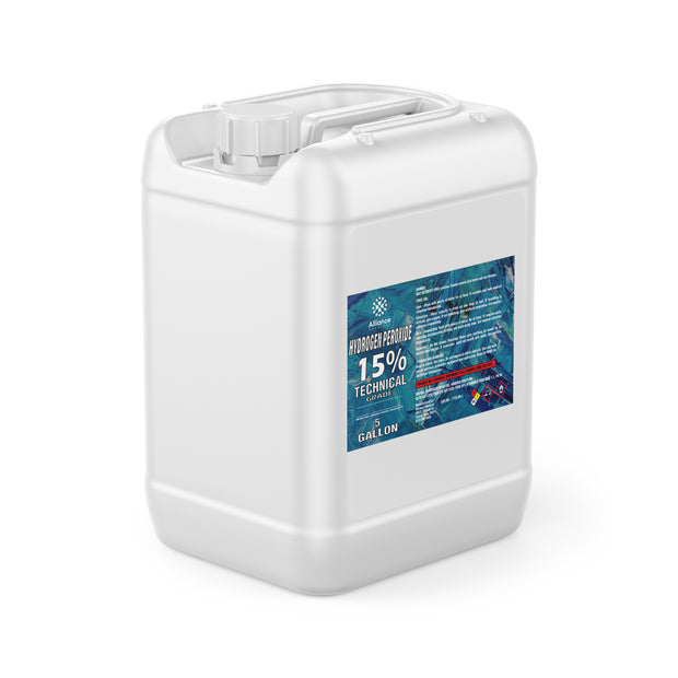 One 5-gallon HDPE jug of Alliance Chemical Hydrogen Peroxide 15% Technical Grade with a white screw cap and product label.