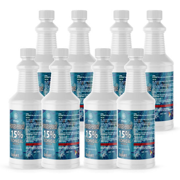 1-quart bottles of 15% Technical Grade Hydrogen Peroxide in HDPE containers with safety caps, hazard labels, and Alliance
