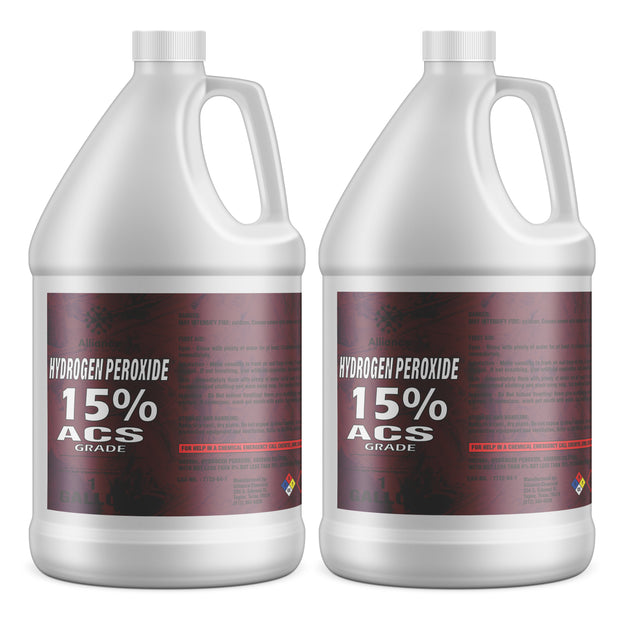 Two 1-gallon HDPE jugs of Alliance Chemical Hydrogen Peroxide 15% ACS Grade with white screw caps and handles.