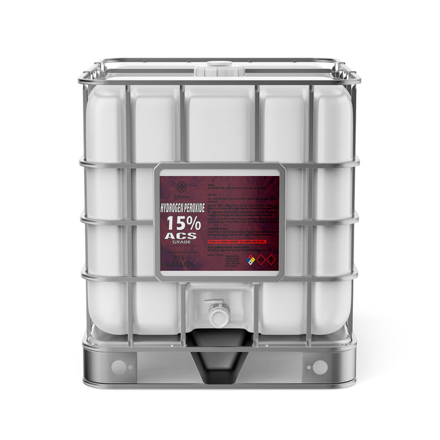 One 275-gallon plastic tote of Alliance Chemical Hydrogen Peroxide 15% ACS Grade with a steel cage, label, and spigot.