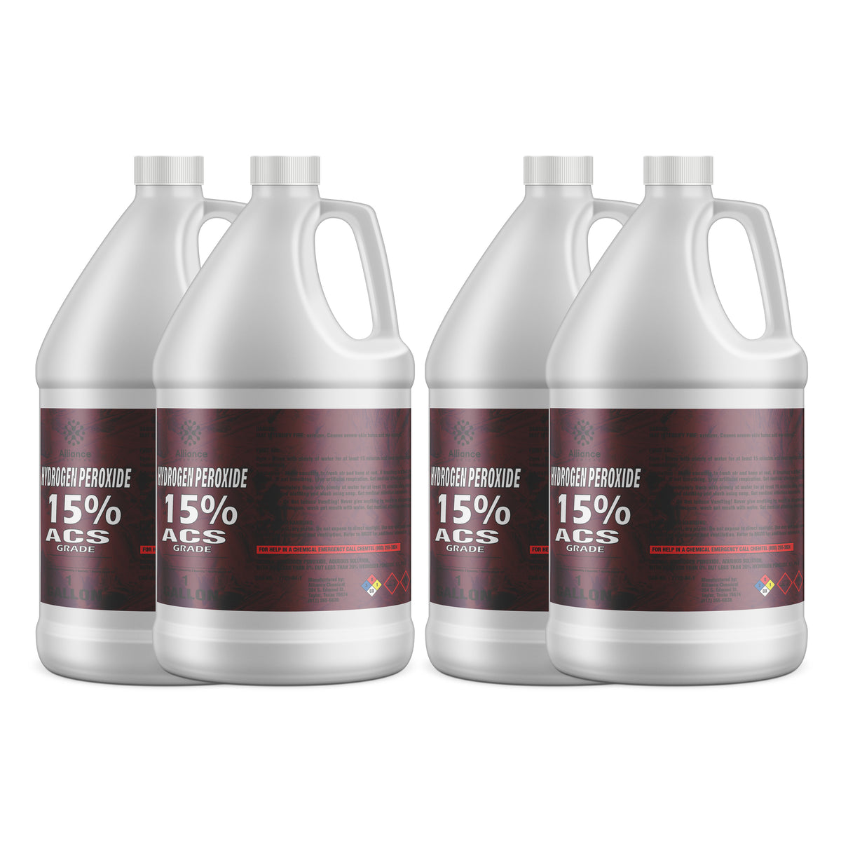 Four 1-gallon Alliance Chemical Hydrogen Peroxide 15% ACS Grade HDPE jugs with white screw caps and product labels.