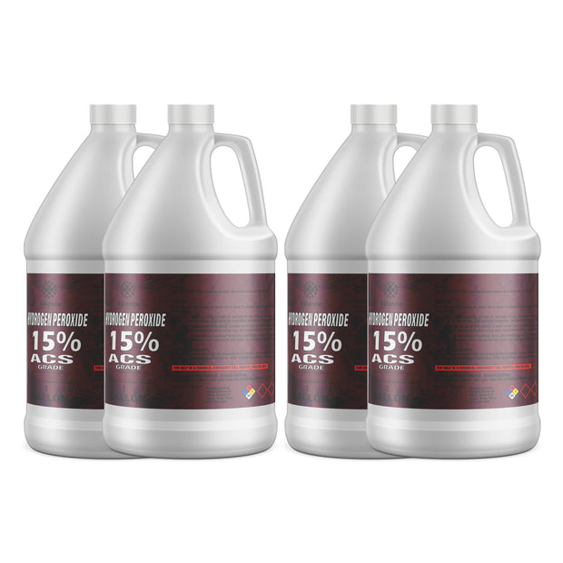 Four 1-gallon Alliance Chemical Hydrogen Peroxide 15% ACS Grade HDPE jugs with white screw caps and product labels.