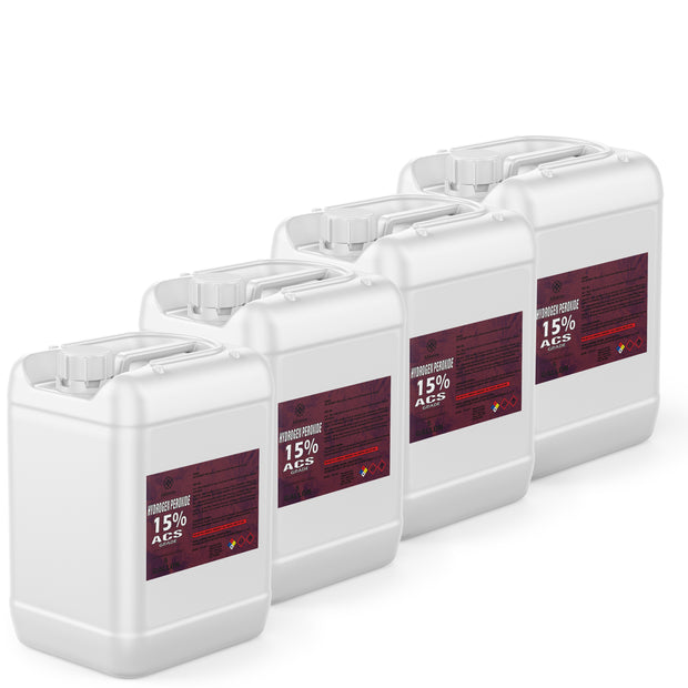 Four 5-gallon HDPE jugs of Alliance Chemical Hydrogen Peroxide 15% ACS Grade with labels and integrated handles.