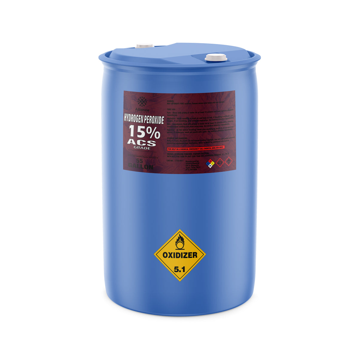 Alliance Chemical 55-gallon blue plastic drum of Hydrogen Peroxide 15% ACS Grade with a label and two white caps.