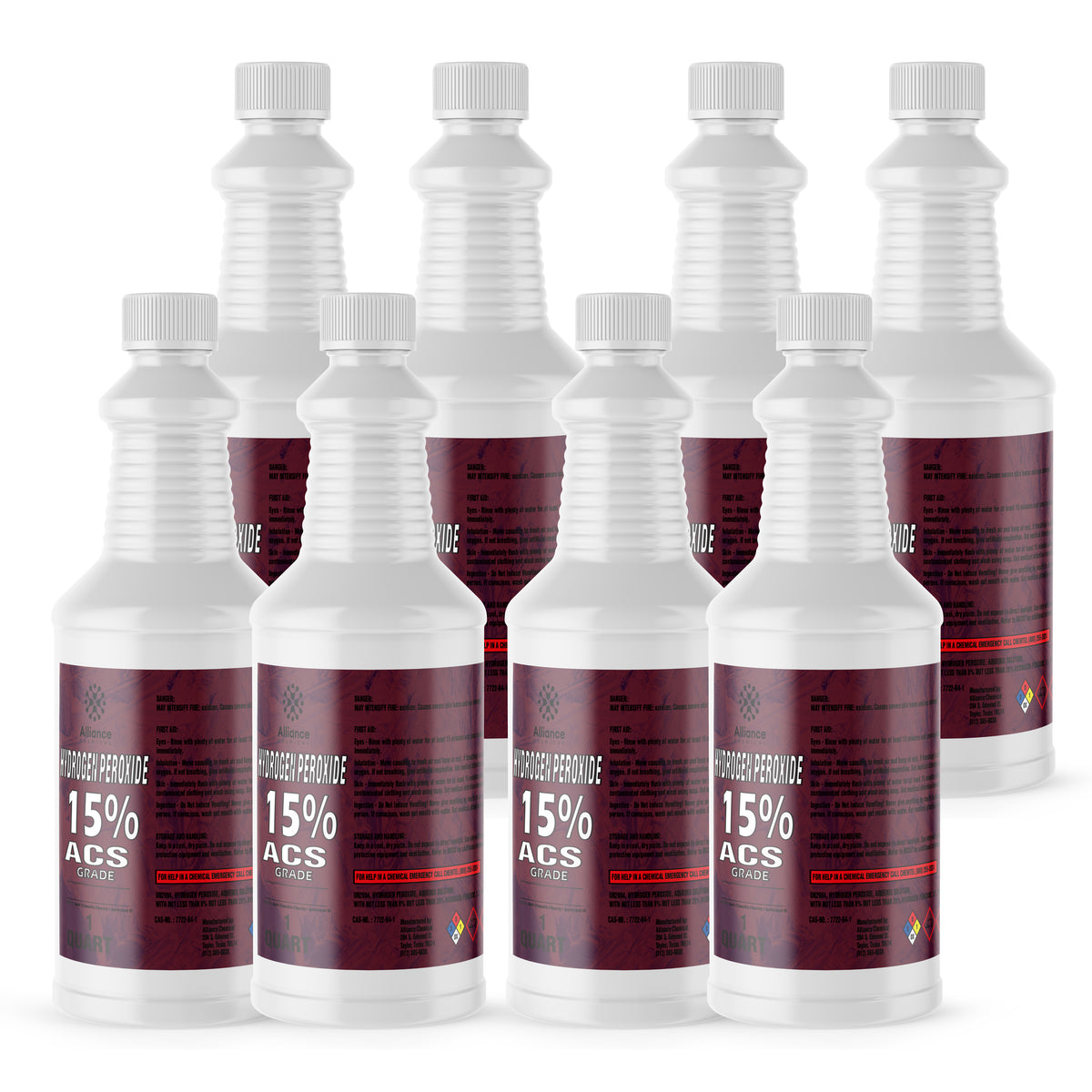Seven 1-quart HDPE bottles of Alliance Chemical Hydrogen Peroxide 15% ACS Grade with white caps and product labels