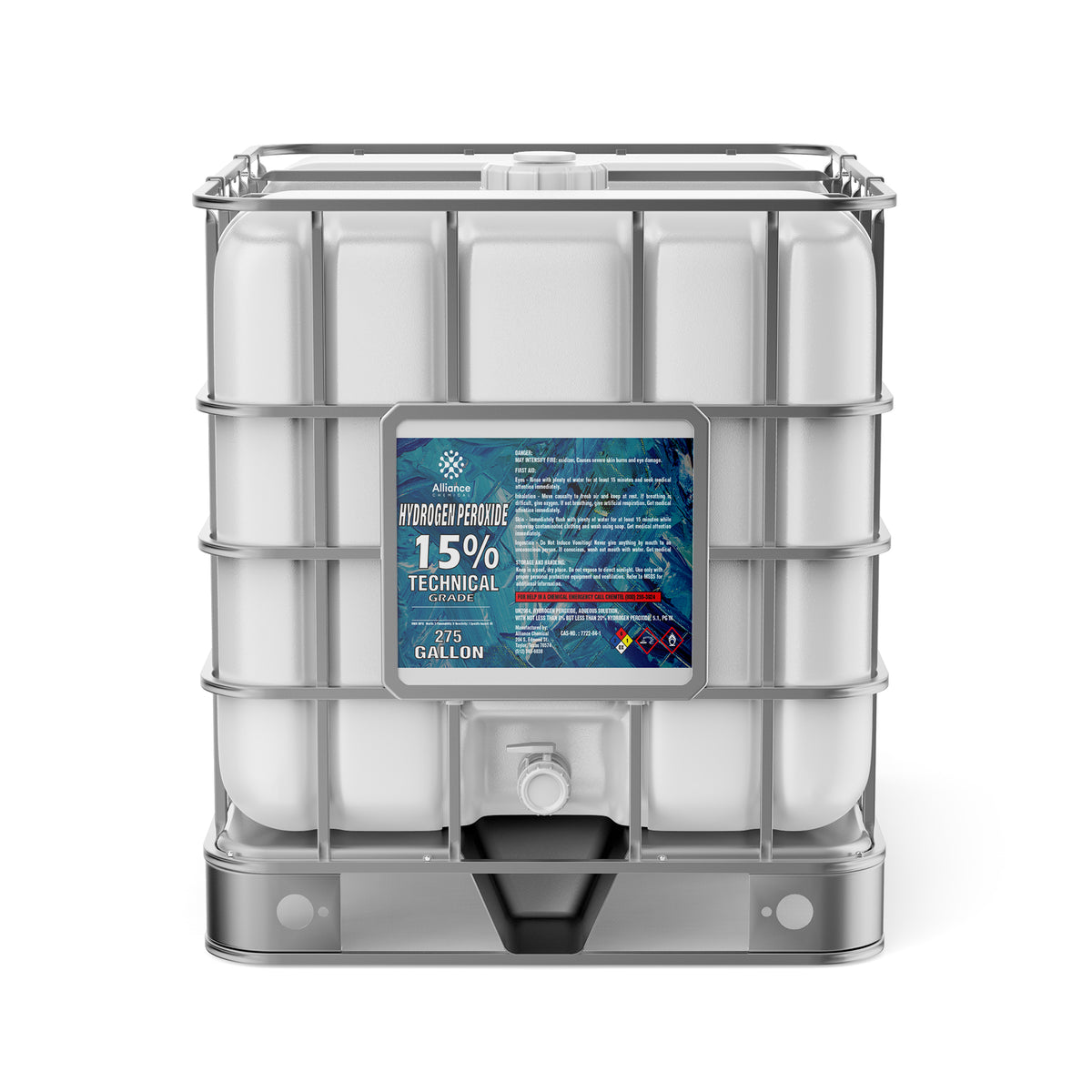 One 275-gallon plastic tote of Alliance Chemical Hydrogen Peroxide 15% Technical Grade with a white cap and a metal cage.