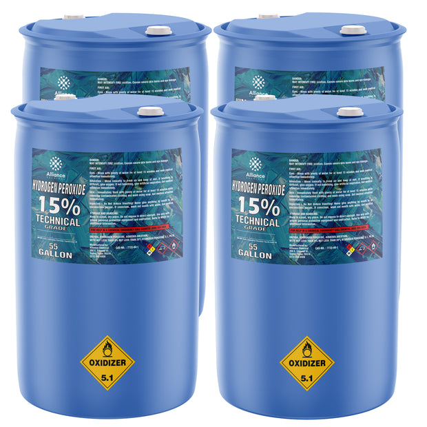 55-gallon blue drums of 15% Technical Grade Hydrogen Peroxide, Alliance Chemical, with Oxidizer 5.1 hazard diamond labels