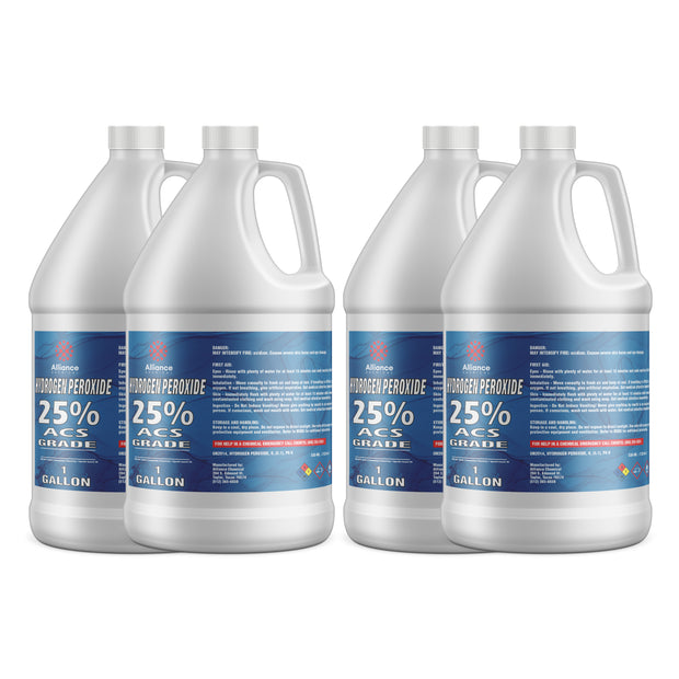 Alliance Chemical 4x1-gallon Alliance Hydrogen Peroxide 25% ACS Grade in HDPE jugs with blue labels, NFPA diamond