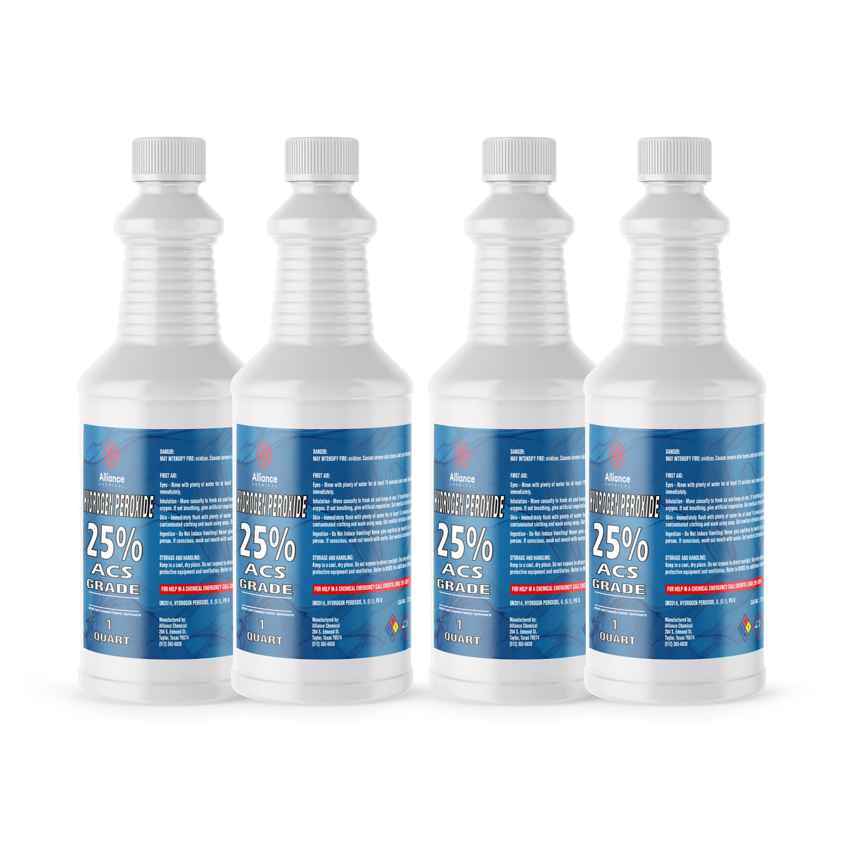 Four 1-quart plastic bottles of Alliance Chemical Hydrogen Peroxide 25% ACS Grade with white screw caps and product labels.
