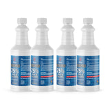 Four 1-quart plastic bottles of Alliance Chemical Hydrogen Peroxide 25% ACS Grade with white screw caps and product labels.