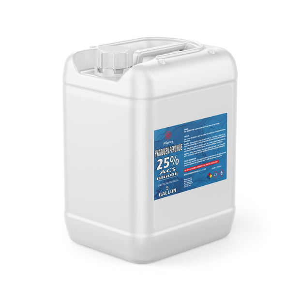 5-gallon HDPE container of 25% ACS-grade hydrogen peroxide with blue Alliance Chemical label and NFPA hazard diamond symbols