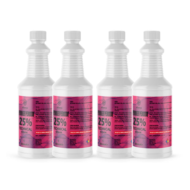 Four 1-quart plastic bottles of Alliance Chemical Hydrogen Peroxide 25% Technical Grade with white caps and product labels