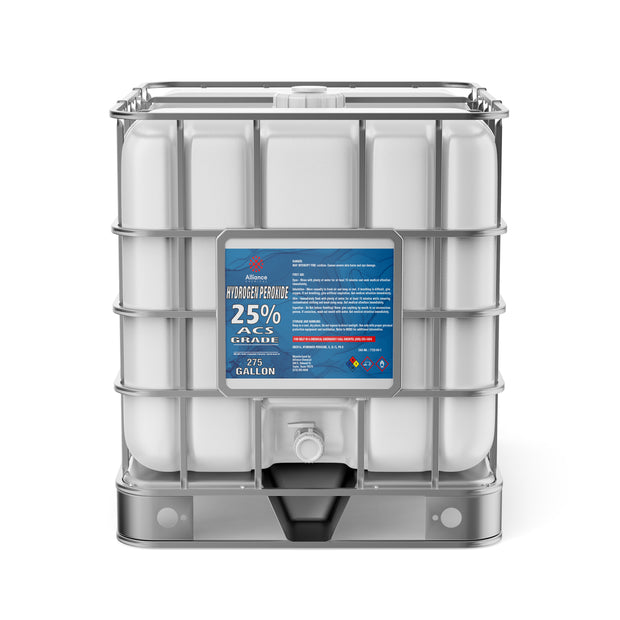 Alliance Chemical Hydrogen Peroxide 25% ACS Grade in a 275-gallon plastic tote with a steel cage and a white cap.