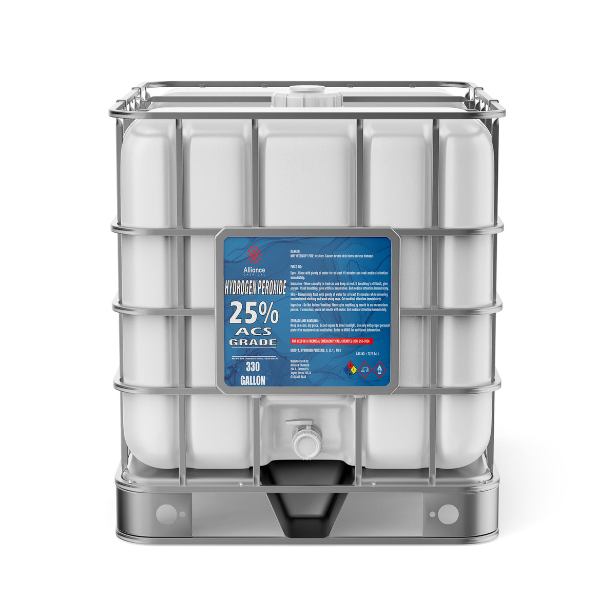 Alliance Chemical 330-gallon plastic tote of Hydrogen Peroxide 25% ACS Grade with a stainless steel cage and a spigot.