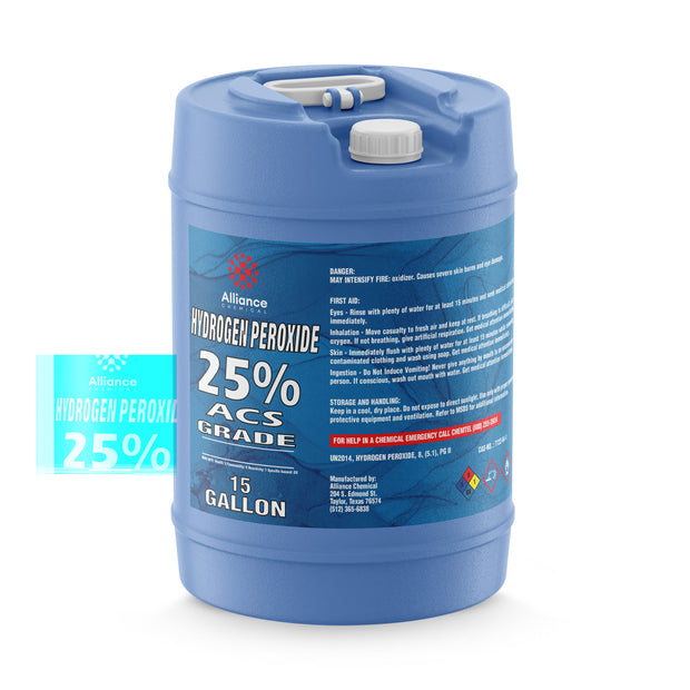 Alliance Chemical 15-gallon blue HDPE drum of Hydrogen Peroxide 25% ACS Grade with white cap and handle.