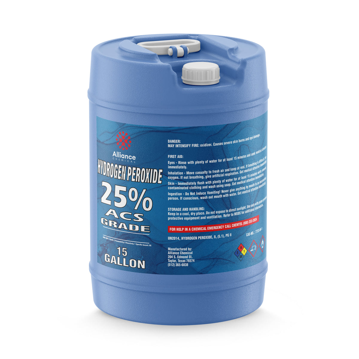 One 15-gallon HDPE jug of Alliance Chemical Hydrogen Peroxide 25% ACS Grade with a white screw cap and handle.