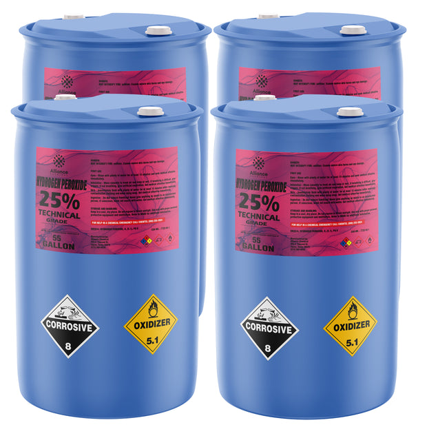 55-gallon blue drums of 25% Technical Grade Hydrogen Peroxide with corrosive (8) and oxidizer (5.1), pink Alliance Chemical