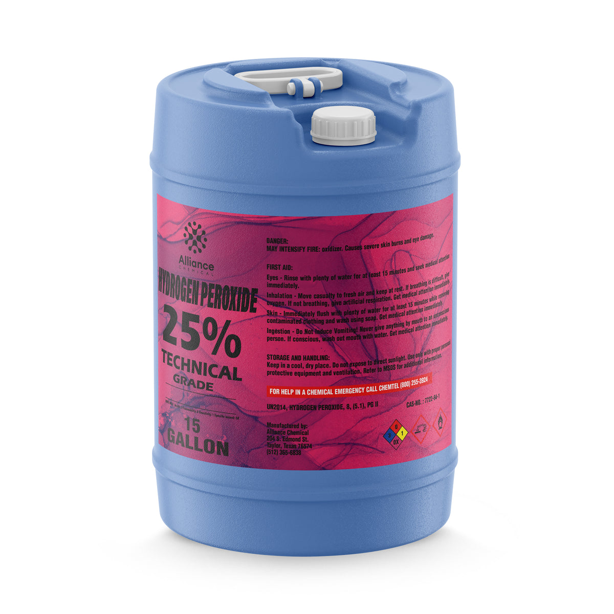 Alliance Chemical 15-gallon HDPE jug of Hydrogen Peroxide 25% Technical Grade with a white screw cap and a top handle.