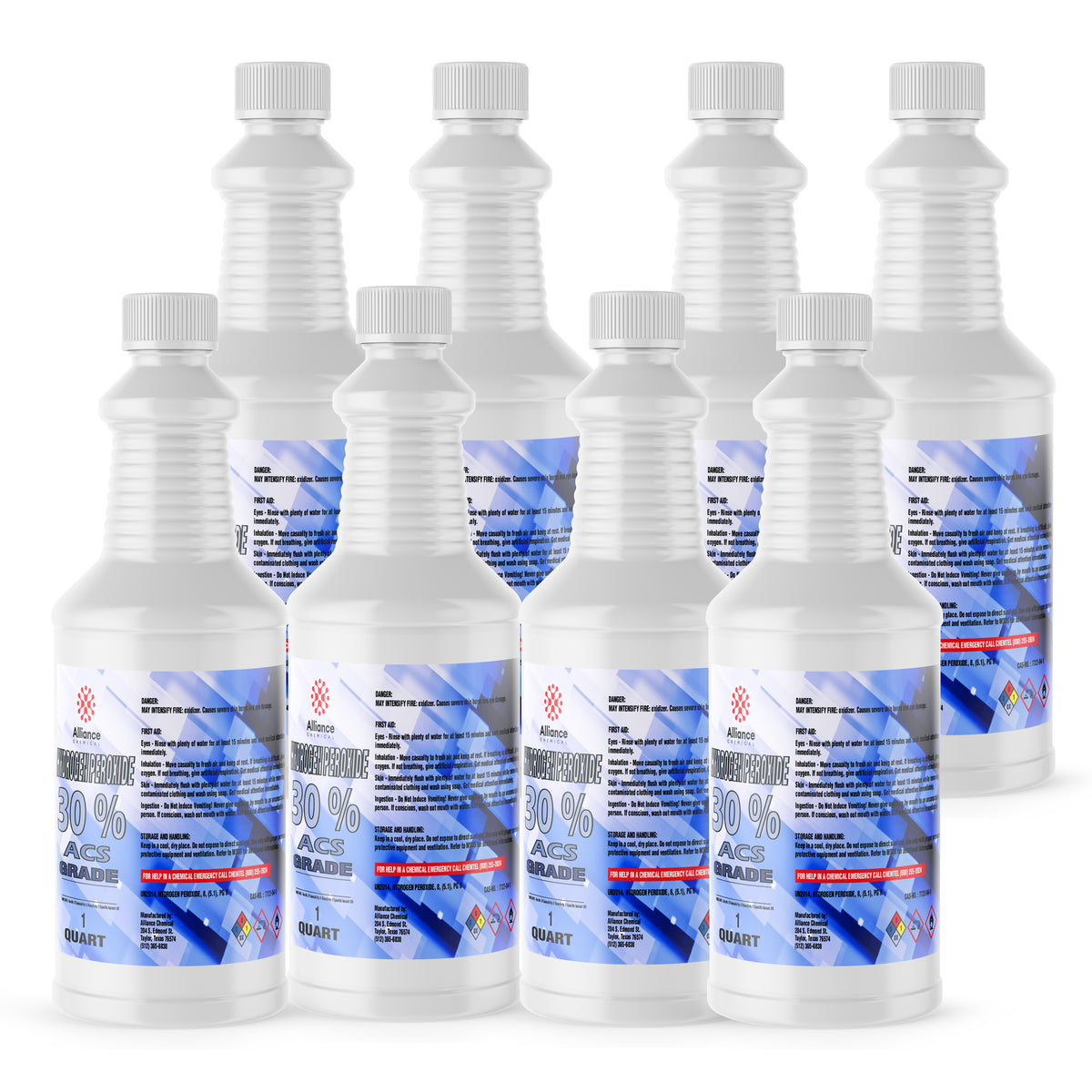 Seven 1-quart HDPE jugs of Alliance Chemical Hydrogen Peroxide 30% ACS Grade with white screw caps and product labels