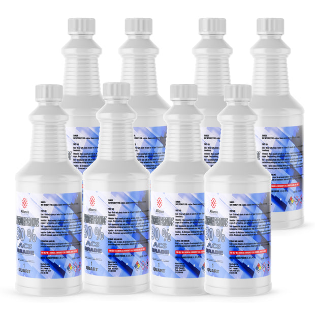 Seven 1-quart HDPE jugs of Alliance Chemical Hydrogen Peroxide 30% ACS Grade with white screw caps and product labels
