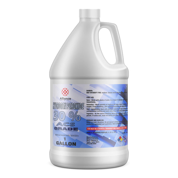 One-gallon HDPE container of 30% ACS-grade hydrogen peroxide hazard warnings, first aid instructions, and Alliance Chemical
