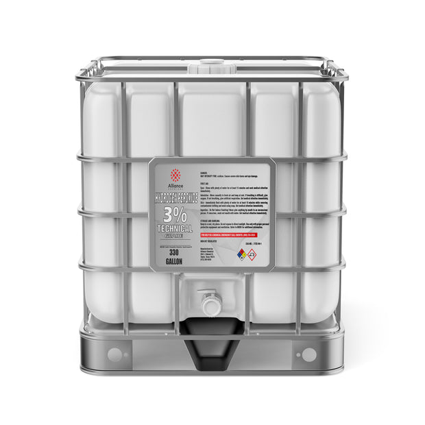 Alliance Chemical 330-gallon plastic tote of Hydrogen Peroxide 3% Technical Grade with steel cage and white cap.